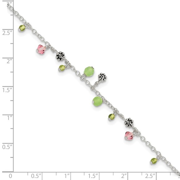 Sterling Silver 9in Pink Crystal Green Quartz Peridot Beads Anklet, 9 inches - Picture 8 of 8
